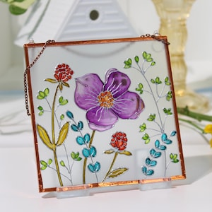 Hand Painted Glass Suncatcher, Purple Flower & Wildflowers, Botanical Glass Art, Stained Glass Style Panel, Copper Foil Framed Wall Hanging