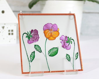 Handbemalte Stiefmütterchen Glas Suncatcher, Kupferfolie gerahmt Kunst