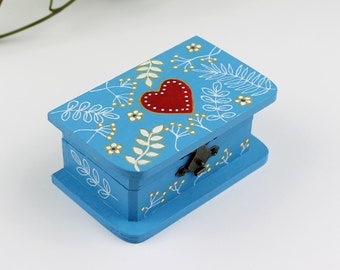 Blue Folk Art Floral Wooden Box Folk Art Box Red Heart Design Jewelry Box Folk Art Flowers Herb Box Memory Box Wedding Ring Box Hand Painted