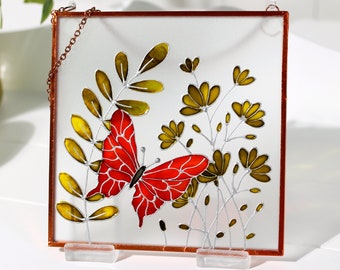 Atrapasueños botánico con una mariposa Vidrieras Arte de la pared Lámina de cobre Imagen de vidrio enmarcada Panel colgante de pared de vidrio pintado a mano