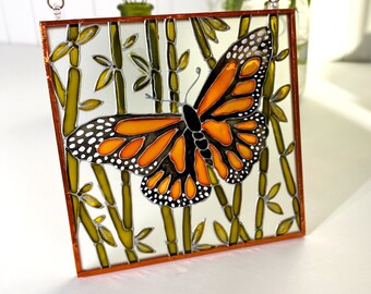 Glass Suncatcher with a Monarch Butterfly Stained Glass Wall Art Copper Foil Framed Glass Picture Hand Painted Glass Wall Hanging Panel