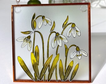 Glass Suncatcher with Snowdrops Design Hand Painted Glass Wall Hanging Panel Stained Glass Wall Art Copper Foil Framed Glass Picture
