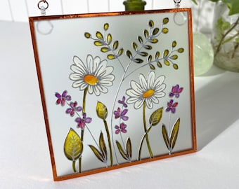 Glass Suncatcher with Daisies and Lavenders Hand Painted Glass Wall Hanging Panel Stained Glass Wall Art Copper Foil Framed Glass Picture