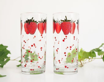 Strawberry Glasses with Red Polka Dots Set of 2 Hand Painted Highball Glasses Tumblers Water Glasses Strawberry Glasses Ready to Ship