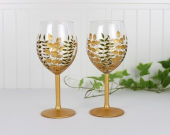 Hand Painted Gold Foliage Wine Glasses Set of 2 Gold Leaf Design Hand Painted Small Wine Glasses Gold and Green Botanical Wine Glasses