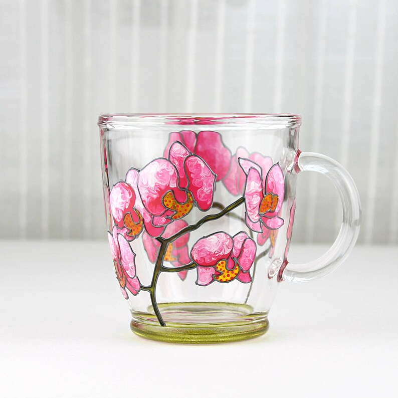 Hand Painted Glass Mug Pink Orchid Design Glass Coffee Mug Etsy