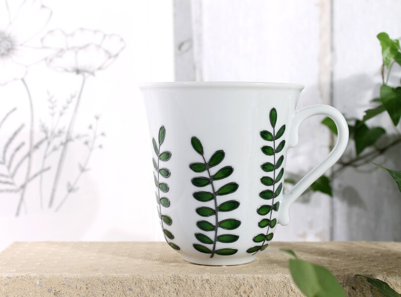 Hand Painted Botanical Porcelain Mug Green Foliage Mug Coffee Mug Tea Mug Porcelain Mug with Leaves Botanical Design Ready to Ship image 4