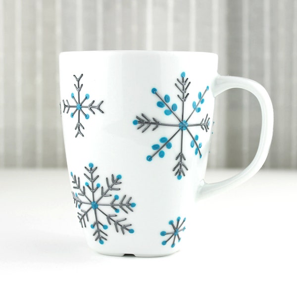 Hand Painted Snowflake Mug, Winter Tea Cup, Snowflake Coffee Mug, Christmas Mug, Xmas Gift, Blue Snowflake Design, Festive Mug