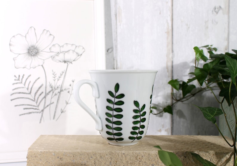 Hand Painted Botanical Porcelain Mug Green Foliage Mug Coffee Mug Tea Mug Porcelain Mug with Leaves Botanical Design Ready to Ship image 3