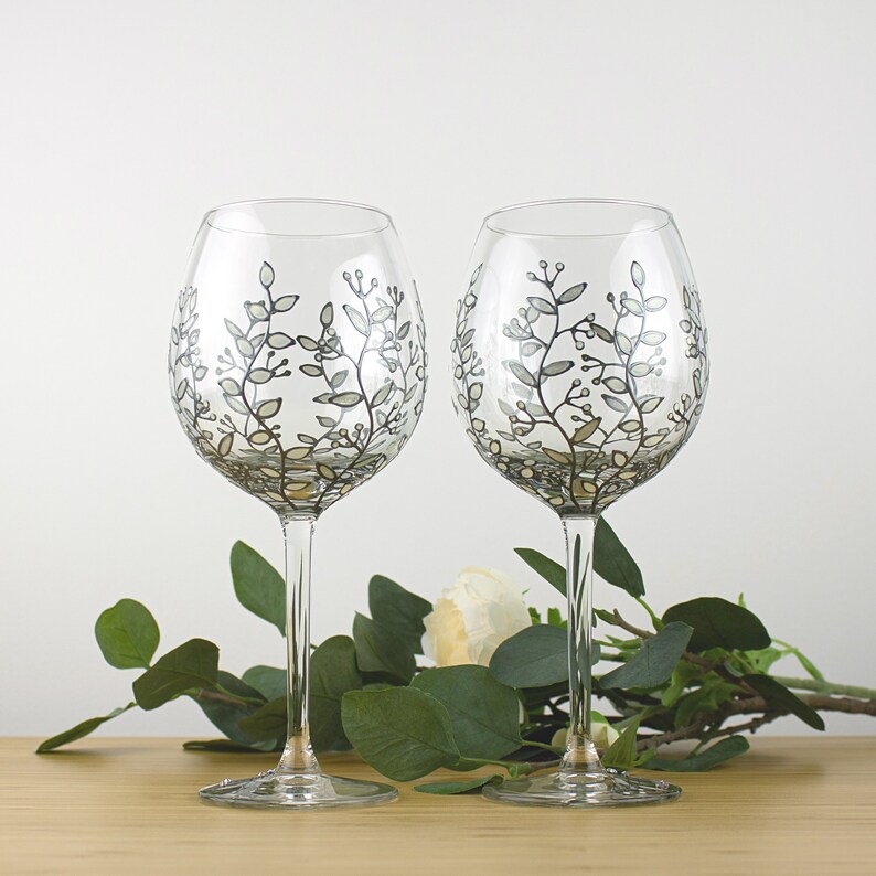 Wine Glasses Silver & White Floral Design Wedding Glasses Etsy