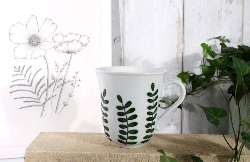 Hand Painted Botanical Porcelain Mug Green Foliage Mug Coffee Mug Tea Mug Porcelain Mug with Leaves Botanical Design Ready to Ship image 8