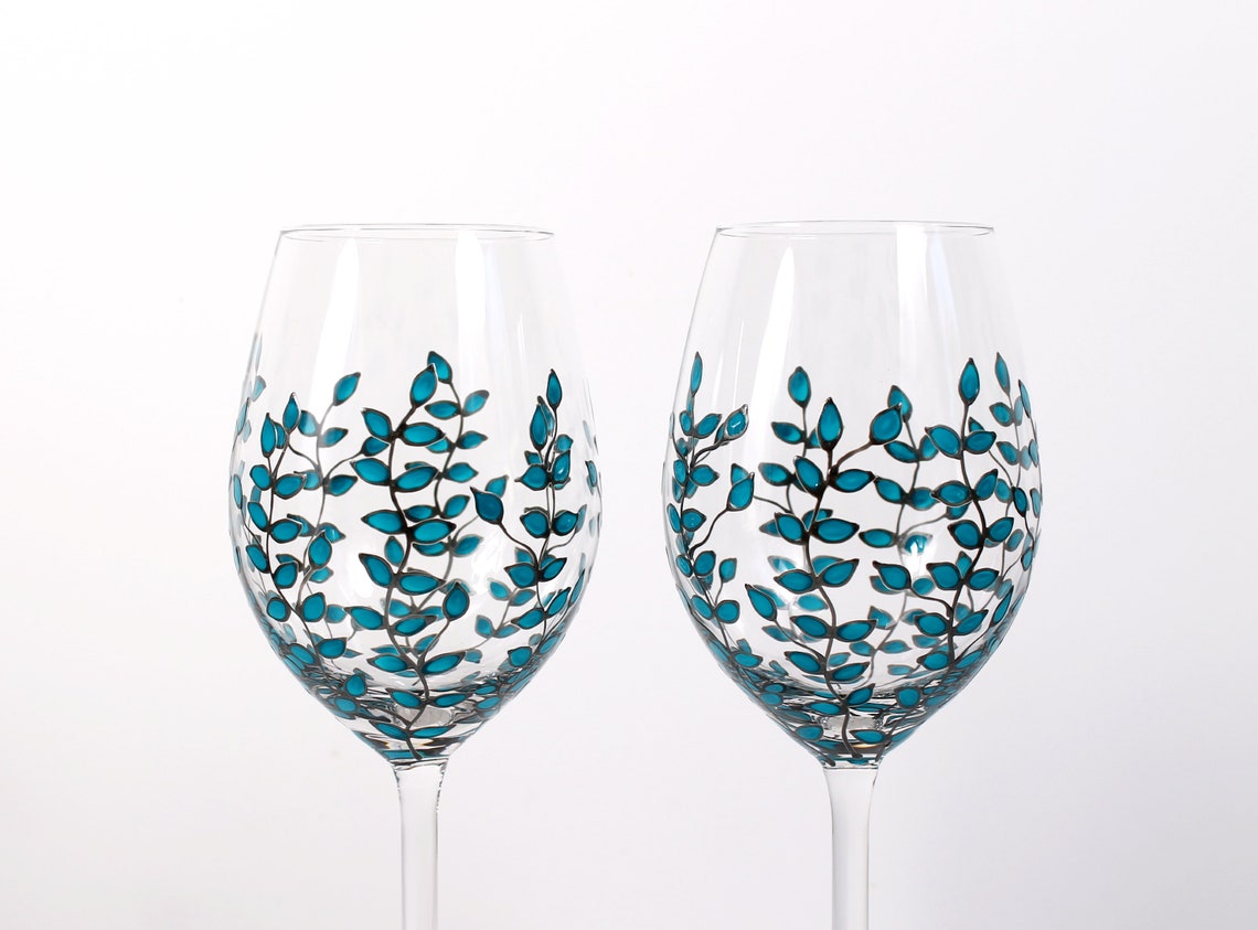 Hand Painted Wine Glasses Blue Leaves Design Wedding Etsy