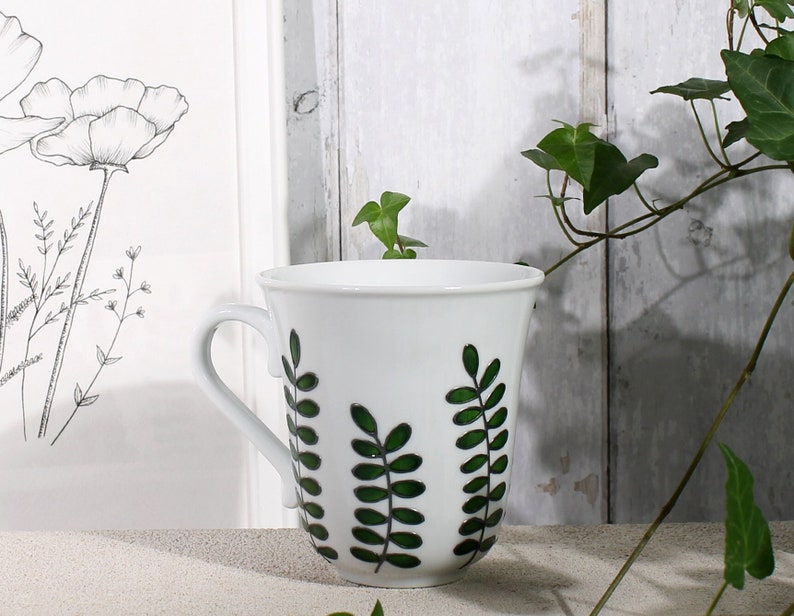 Hand Painted Botanical Porcelain Mug Green Foliage Mug Coffee Mug Tea Mug Porcelain Mug with Leaves Botanical Design Ready to Ship image 2