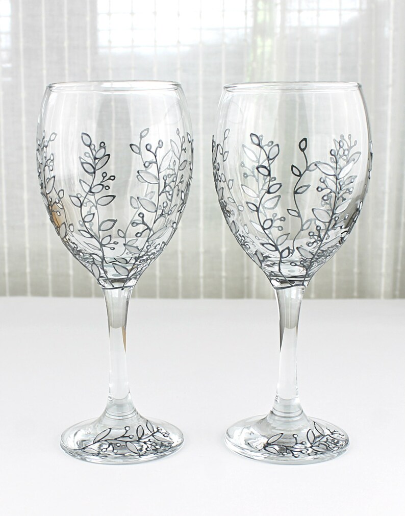 Wine Glasses Silver & White Floral Design Wedding Glasses Etsy