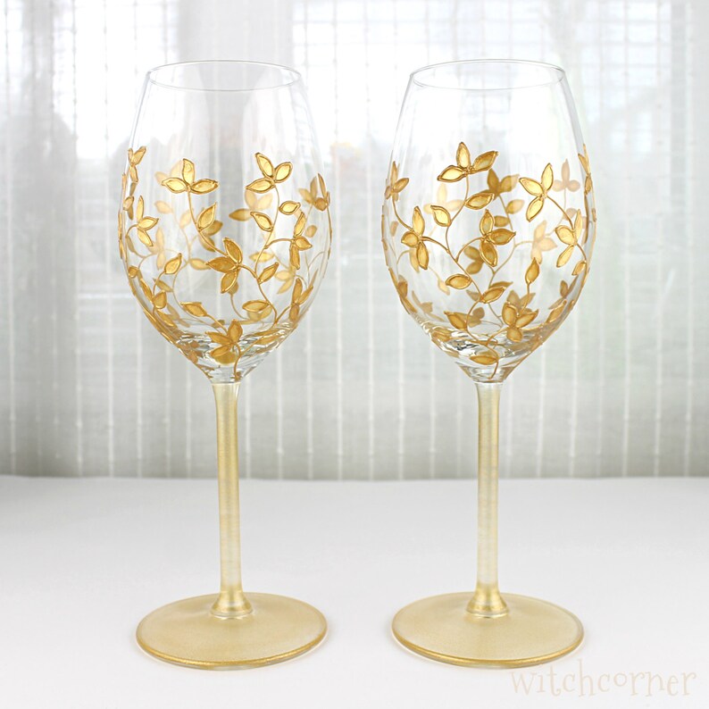 Hand Painted Gold Foliage Wine Glasses Wedding Glasses Gold Etsy