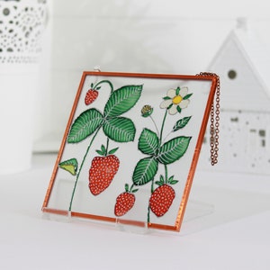 View of Strawberries Suncatcher Stained Glass Wall Art Copper Foil Framed Glass ...