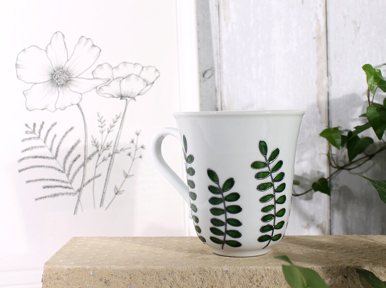 Hand Painted Botanical Porcelain Mug Green Foliage Mug Coffee Mug Tea Mug Porcelain Mug with Leaves Botanical Design Ready to Ship image 1