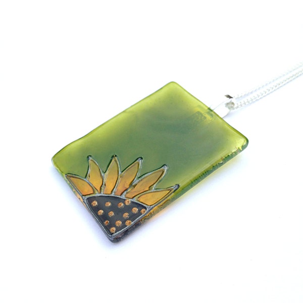 Glass Pendant in Green with a Sunflower - Silver Plated Chain & Bail, Glass Necklace, Hand Painted Sunflower Necklace