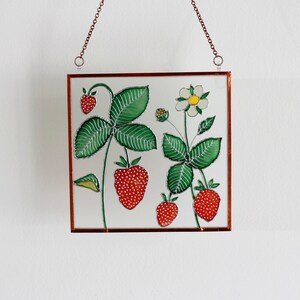View of Strawberries Suncatcher Stained Glass Wall Art Copper Foil Framed Glass ...