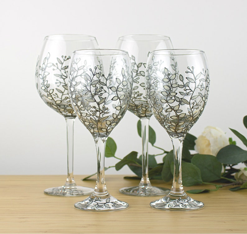 Wine Glasses Silver & White Floral Design Wedding Glasses Etsy