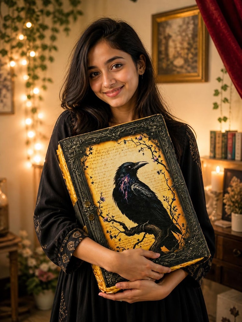May include: A large, ornate book with a detailed illustration of a black raven perched on a branch. The book has a dark, decorative frame and aged-looking pages. The raven has purple and black feathers. The book is held by a person wearing a black dress.