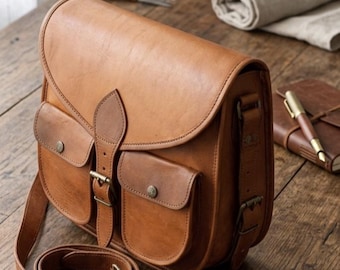 Bolso bandolera grande rústico de piel de grano completo hecho a mano (10x13x4)