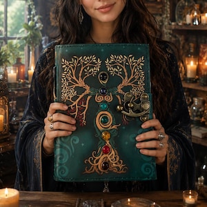 May include: A teal leather journal with a tree of life design and colorful gemstone accents. The journal features a metal clasp closure and is held by a person. The cover design includes a tree with branches and roots, and the gemstones are arranged along the trunk.