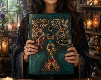Handmade blank spell book of shadows Mother Earth Leather Journal: Chakra Tree of Life, Deckle Edge, 400 Page gifts for him her
