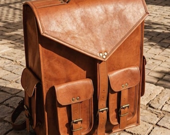 Vintage Leather Backpack for Men & Women – Durable Full Grain Travel Bag with Buckle Pockets