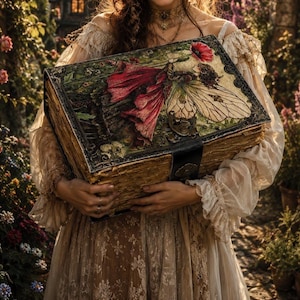 May include: A large, antique book with a detailed cover featuring a fairy with red wings and a butterfly design. The book has a dark leather clasp and aged, yellowed pages. The image is set in a garden with flowers and greenery.