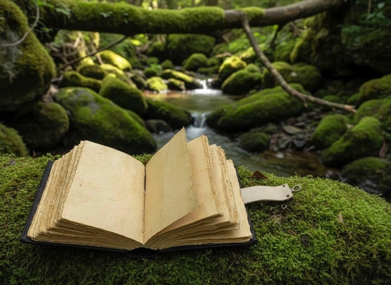 Peut inclure: Un livre ouvert aux pages &eacute;paisses de couleur cr&egrave;me &agrave; bords irr&eacute;guliers et &agrave; couverture sombre. Une sangle en cuir clair avec une fermeture &agrave; anneau m&eacute;tallique est fix&eacute;e sur le c&ocirc;t&eacute; du livre, pos&eacute; &agrave; plat sur une surface recouverte de mousse verte.