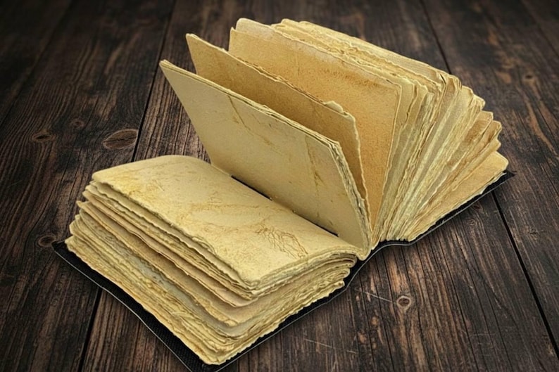 May include: An open, antique-style book with aged, yellowed pages. The pages are fanned out, revealing their texture and the book's binding. The book is set against a dark, wooden background, creating a vintage aesthetic.