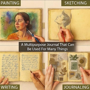May include: A multipurpose journal with examples of painting, sketching, writing, and journaling. The journal pages are aged with a textured appearance. The image includes the text: "A Multipurpose Journal That Can Be Used For Many Things."