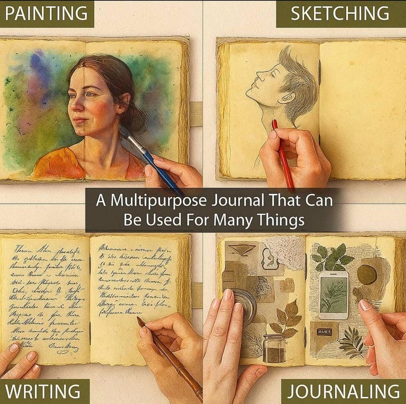 May include: A multipurpose journal with examples of painting, sketching, writing, and journaling. The journal pages are aged with a textured appearance. The image includes the text: "A Multipurpose Journal That Can Be Used For Many Things."