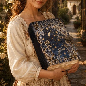 May include: A large, antique-style book with a dark blue cover featuring a celestial design of a crescent moon, stars, and stylized trees. The book has a metal clasp and aged, cream-coloured pages. The cover design is in gold and light blue.