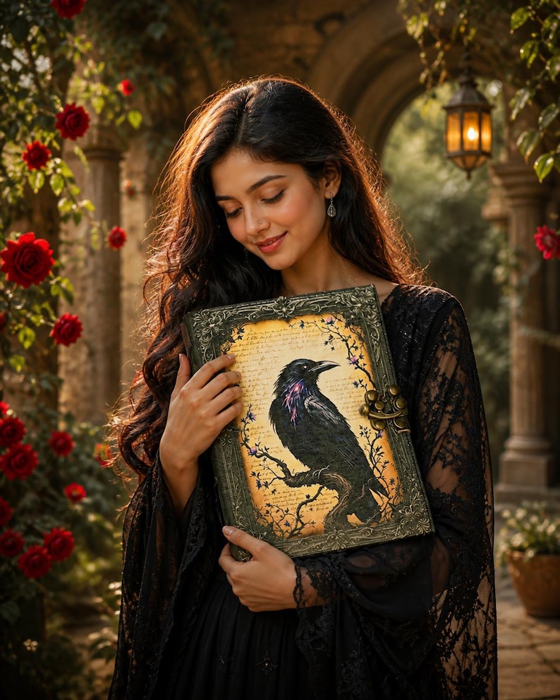 May include: A decorative journal with a raven illustration. The journal features a black raven perched on a branch, with purple accents, set against a vintage parchment background. The cover has an ornate, dark frame with a clasp.