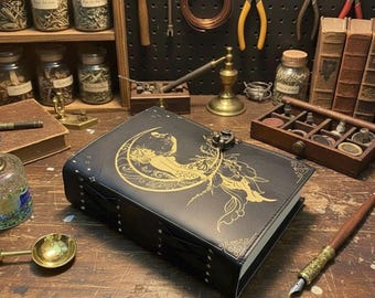 Moon Goddess Leather Grimoire | Embossed Book of Shadows with Brass Clasp