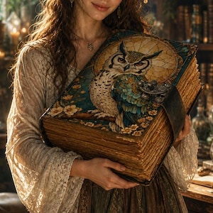 May include: A large, antique book with an owl illustration on the cover. The book has a leather strap and aged, yellowed pages. The cover features a detailed owl design in shades of blue, green, and gold, with floral accents. The book is held in front of a blurred background.