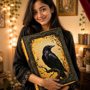 May include: A large, ornate book with a raven illustration. The cover is dark with a detailed frame, and the pages have a vintage, aged appearance. The raven is black with purple accents, perched on a branch against a yellow background. The book is held by a person.