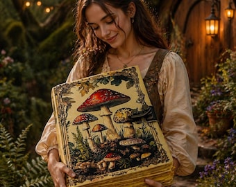 Peut inclure: Un grand livre de style ancien avec une illustration détaillée de divers champignons rouges, bruns et beiges. Le livre est tenu devant un fond de verdure luxuriante et une porte en bois.