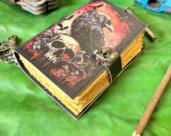 Gothic Raven Skull Leather Journal | Witchy Grimoire with Lock