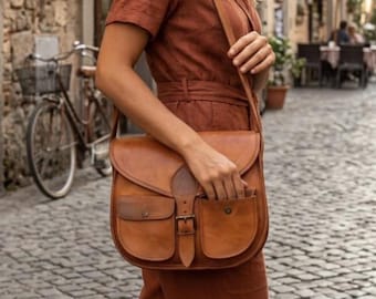 Bolso bandolera de cuero vintage – Bolso bandolera grande de 10x13x4, bolso de hombro rústico hecho a mano, organizador de viaje y trabajo.