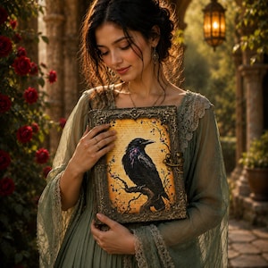 May include: A decorative book with a raven illustration. The book has a gold frame and a detailed image of a black raven perched on a branch. The background is a warm, aged parchment color. The book is held in front of a person wearing a green dress.