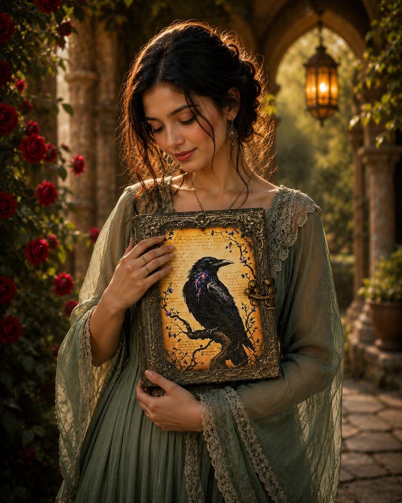 May include: A decorative book with a raven illustration. The book has a gold frame and a detailed image of a black raven perched on a branch. The background is a warm, aged parchment color. The book is held in front of a person wearing a green dress.