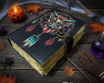 Handmade Gothic Owl Leather Grimoire | Witchcraft Book of Shadows