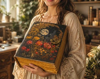 Boho Moonlight Leather Journal Handmade Fantasy Notebook with Floral Artwork Witchy Sketchbook, Vintage Deckle Edge Diary gifts for him her