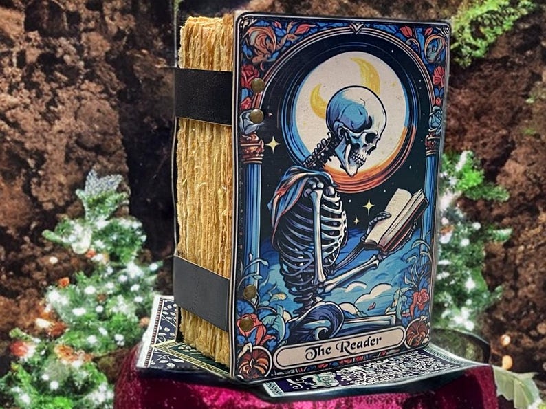 Peut inclure: Un livre &agrave; couverture rigide intitul&eacute; The Reader avec une illustration color&eacute;e d'un squelette lisant un livre sous un croissant de lune. Le livre a des pages &eacute;paisses, textur&eacute;es et brun clair maintenues par deux sangles noires et des rivets.