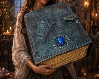 Triple Moon Leather Grimoire | Deckle Edge Spellbook with Blue Gemstone
