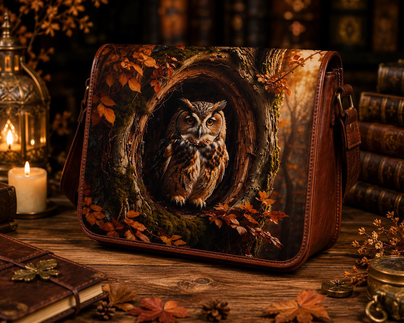 Owl Leather Messenger Bag, Woodland Forest Crossbody Satchel, Dark Academia Laptop Bag, Handmade Nat