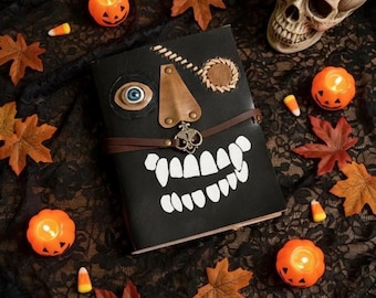 Handmade 3D Monster Face Grimoire Journal, Spooky Halloween Spellbook, Gothic Witchcraft Notebook, Creepy Horror Gift for Magick Lovers